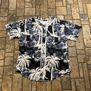 M.J.C Navy Blue and White Tropical Casual Button Down Shirt